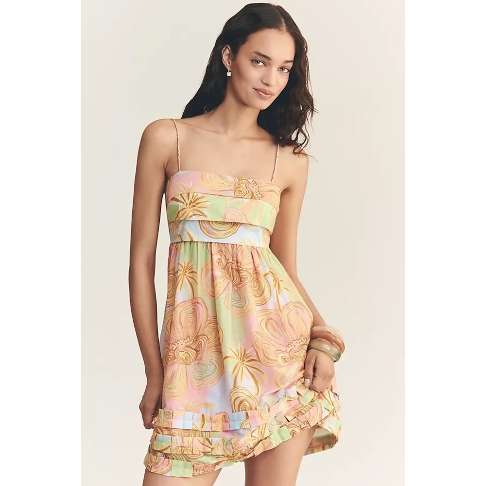 Anthropologie x FARM RIO Artsy Flower Tropical Floral Ruffle Hem Mini Dress XXS